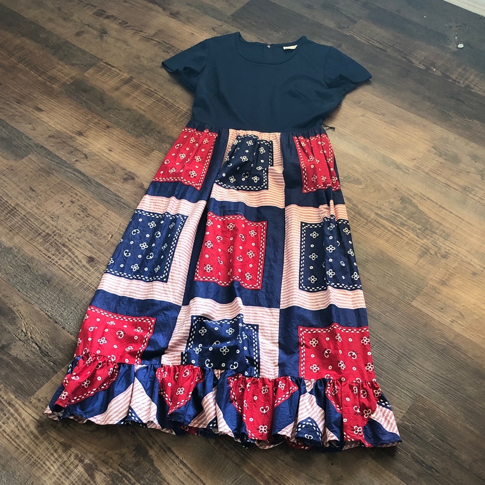 Vintage Navy & Red Bandana Patchwork Maxi Dress